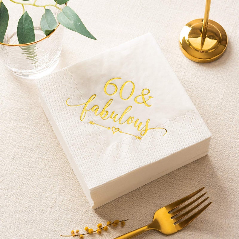 Crisky 3-Ply 60 and Fabulous Cocktail Napkins Gold for Women 60th Birthday Decorations, 60th Birthday Bevergae Dessert Table Supplies, 50Pcs - Image 4